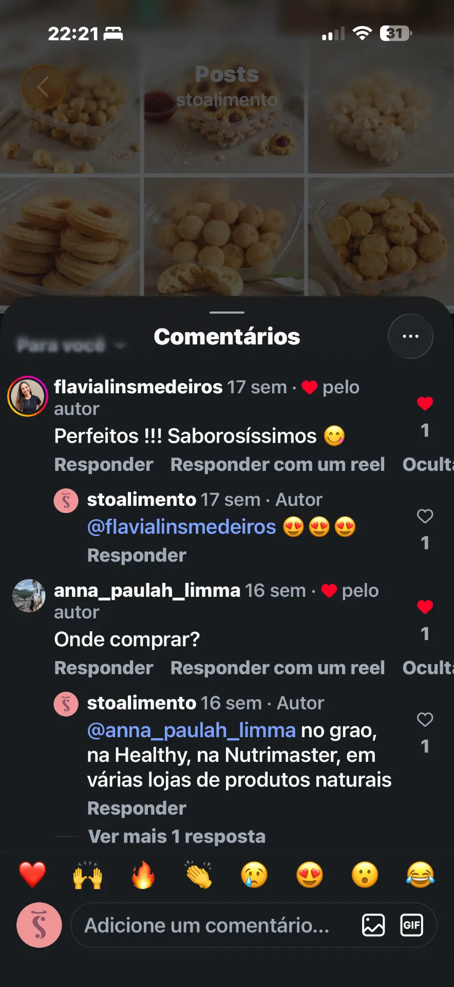Comentários de clientes: perfeitos e saborosíssimos, e pergunta sobre onde comprar, respondida com o nome das lojas