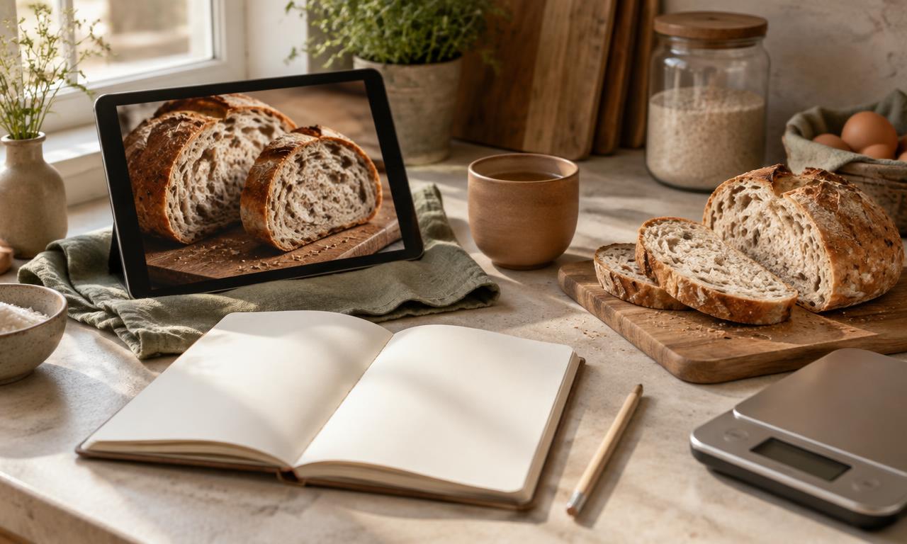 Fotografia editorial ilustrativa de estudo e preparo de receitas na cozinha